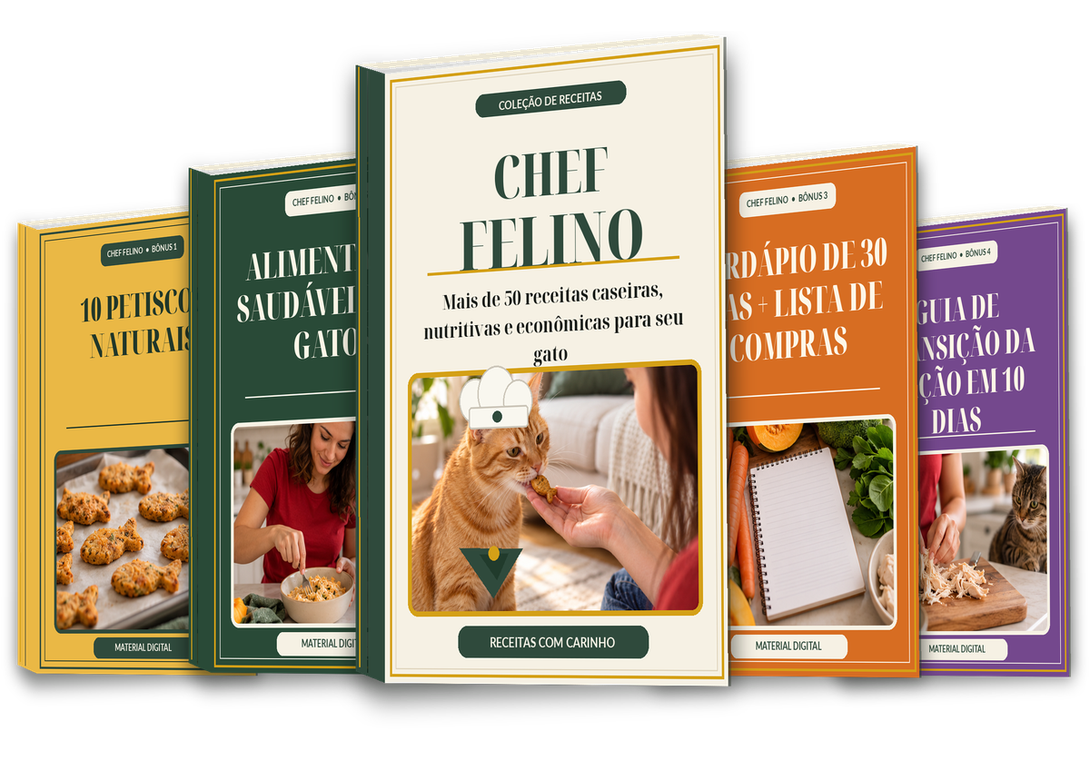 Mockup do kit Chef Felino com 5 e-books 3D em pé, capas creme e verdes com folhas e patinhas; ao centro o livro Chef Felino com um gato laranja de chapéu de chef e lenço verde atrás de potinhos de patê