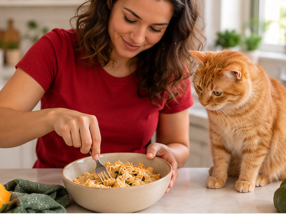Tutora de camiseta vermelha numa cozinha clara, amassando patê caseiro de frango numa tigela, com um gato laranja sentado na bancada olhando de perto