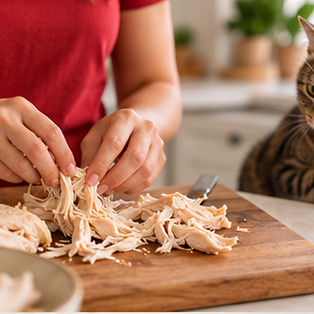Mãos da tutora desfiando frango cozido numa tábua de madeira, com um gato rajado apoiado na bancada observando