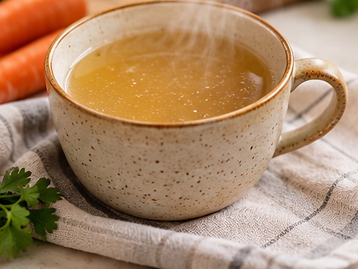 Caneca de caldo de frango caseiro esfriando na bancada