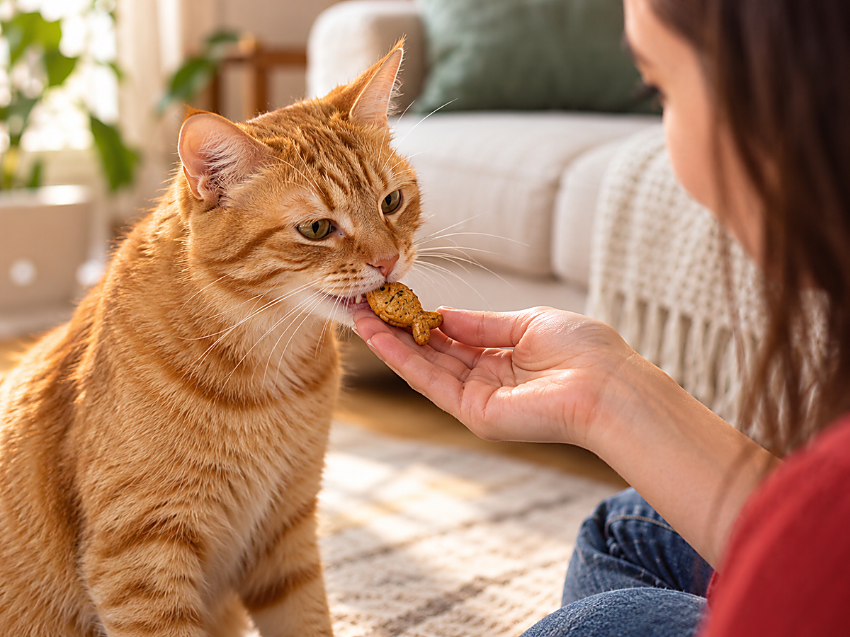 Close de um gato laranja cheirando e pegando um petisco caseiro da palma da mão da tutora, com um sofá claro desfocado ao fundo