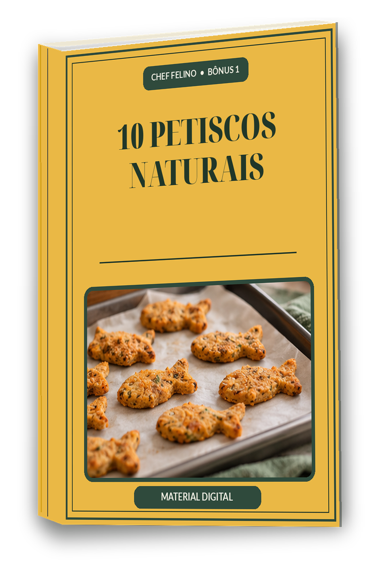 Capa amarela do e-book 10 Petiscos Naturais do Chef Felino com o gato de chapéu de chef