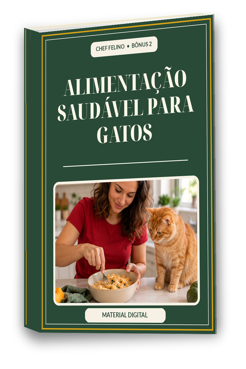 Capa verde do e-book Alimentação Saudável para Gatos com um gato branco e tigelas de comida
