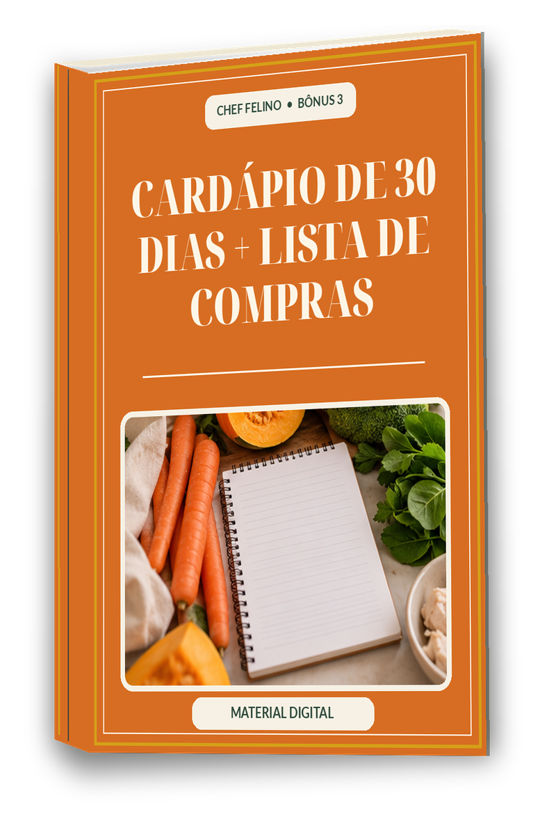 Capa laranja do e-book Cardápio de 30 dias mais Lista de Compras com um gato numa cozinha