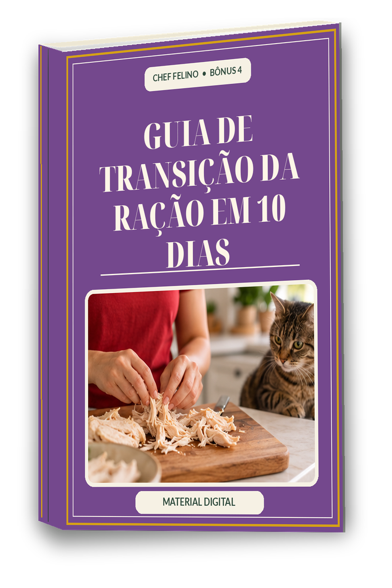 Capa roxa do e-book Guia de Transição da Ração em 10 dias com um gato e uma tigela