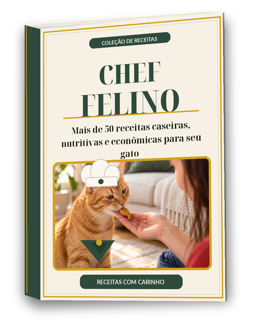 Mockup do e-book Chef Felino Essencial, um livro em pé com capa creme